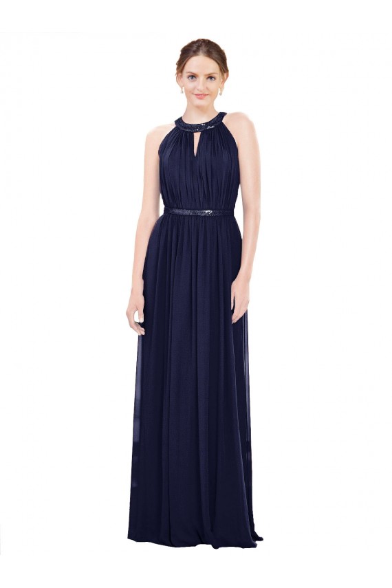 Azul marina oscuro línea A Cuello Alto Gasa Largo Vestidos de dama de honor Al Por Mayor