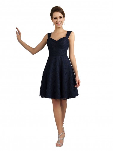 Azul marina oscuro línea A Cuello de Corazón Encaje Corto Vestidos de dama de honor / Vestidos de cóctel Al Por Mayor