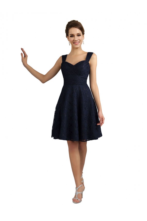 Azul marina oscuro línea A Cuello de Corazón Encaje Corto Vestidos de dama de honor / Vestidos de cóctel Al Por Mayor