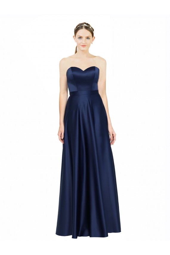 Azul marina oscuro línea A Cuello de Corazón Satén elástico Largo Formales Vestidos de dama de honor / Vestidos de noche Al Por Mayor