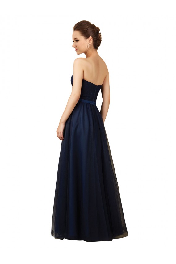 Azul marina oscuro línea A Cuello de Corazón Sin tirantes Tul Largo Vestidos de dama de honor Al Por Mayor