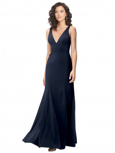 Azul marina oscuro línea A Cuello en V Cuello Alto Crepé Elástico Largo Formales Vestidos de dama de honor / Vestidos de fiesta Al Por Mayor