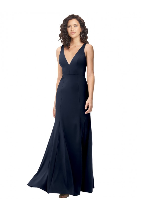 Azul marina oscuro línea A Cuello en V Cuello Alto Crepé Elástico Largo Formales Vestidos de dama de honor / Vestidos de fiesta Al Por Mayor