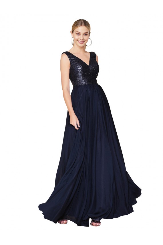 Azul marina oscuro línea A Cuello en V Cuello Alto Gasa Lentejuela Largo Vestidos de dama de honor / Vestidos de fiesta Al Por Mayor