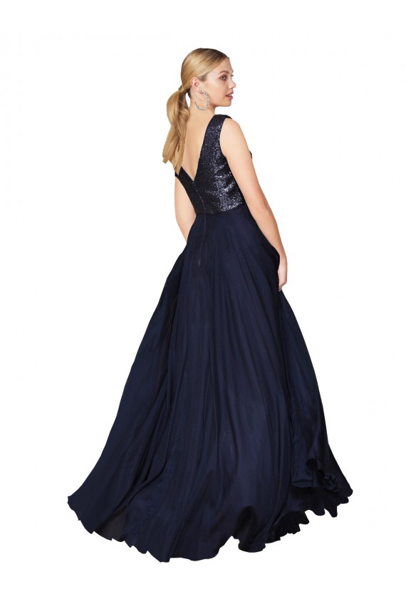 Azul marina oscuro línea A Cuello en V Cuello Alto Gasa Lentejuela Largo Vestidos de dama de honor / Vestidos de fiesta Al Por Mayor