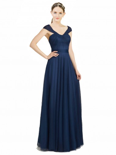 Azul marina oscuro línea A Cuello en V Cuello de Corazón Tul Largo Vestidos de dama de honor Al Por Mayor