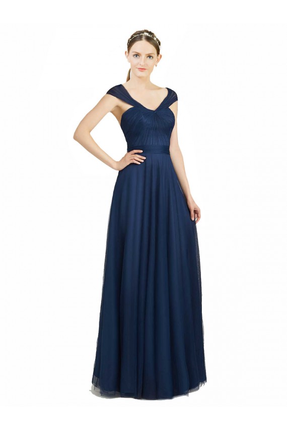 Azul marina oscuro línea A Cuello en V Cuello de Corazón Tul Largo Vestidos de dama de honor Al Por Mayor