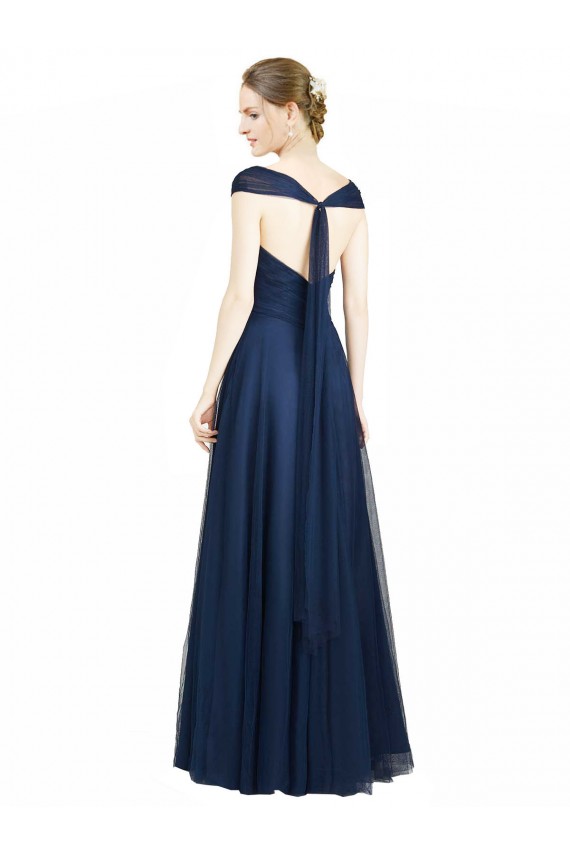 Azul marina oscuro línea A Cuello en V Cuello de Corazón Tul Largo Vestidos de dama de honor Al Por Mayor