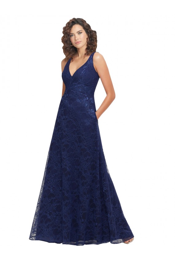 Azul marina oscuro línea A Cuello en V Encaje Largo Vestidos de dama de honor Al Por Mayor