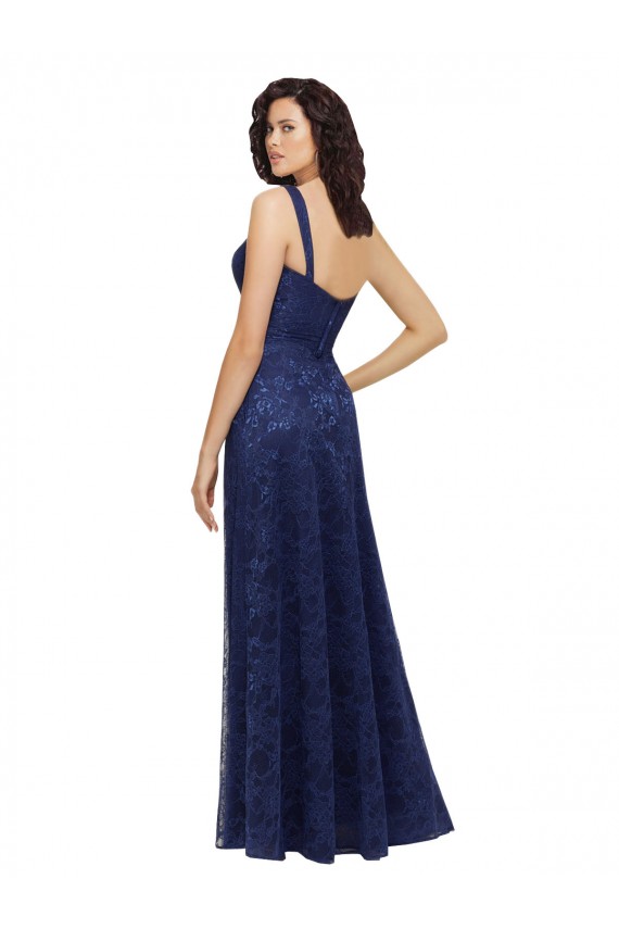 Azul marina oscuro línea A Cuello en V Encaje Largo Vestidos de dama de honor Al Por Mayor