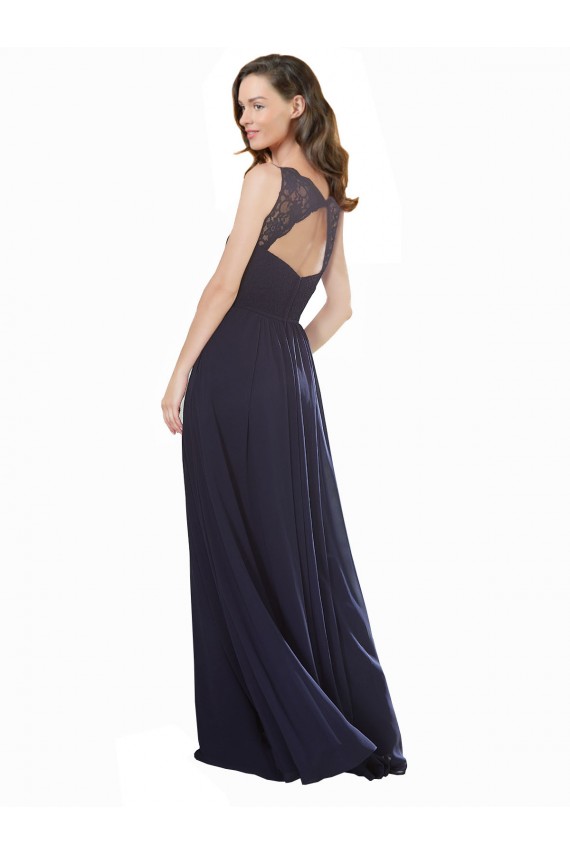 Azul marina oscuro línea A Cuello en V Gasa Encaje Largo Vestidos de dama de honor Al Por Mayor