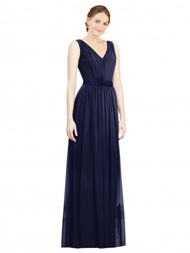 Azul marina oscuro línea A Cuello en V Gasa Largo Vestidos de dama de honor Al Por Mayor