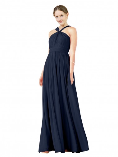 Azul marina oscuro línea A Cuello en V Gasa Largo Vestidos de dama de honor Al Por Mayor