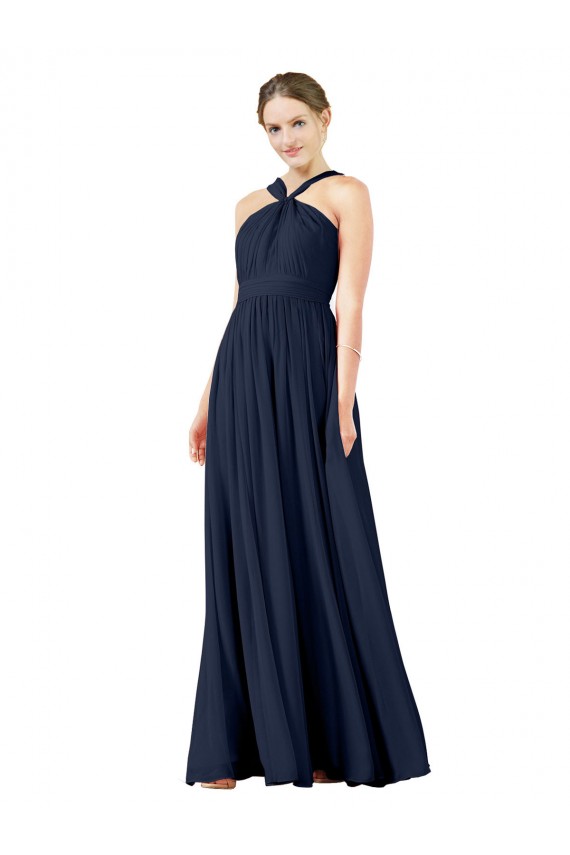Azul marina oscuro línea A Cuello en V Gasa Largo Vestidos de dama de honor Al Por Mayor