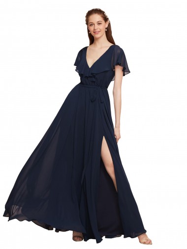 Azul marina oscuro línea A Cuello en V Gasa Largo Vestidos de dama de honor Al Por Mayor