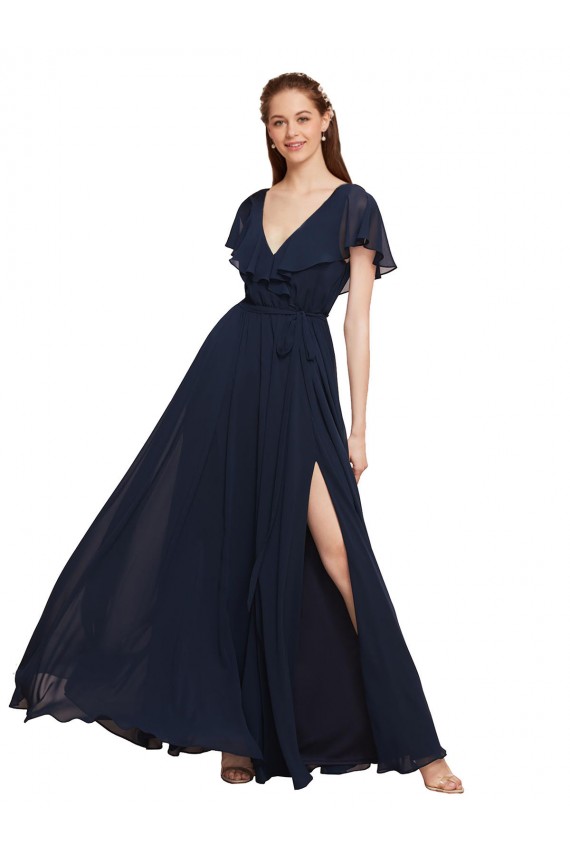 Azul marina oscuro línea A Cuello en V Gasa Largo Vestidos de dama de honor Al Por Mayor