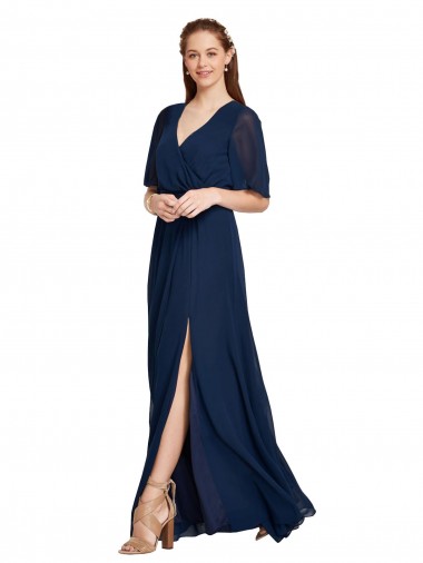 Azul marina oscuro línea A Cuello en V Gasa Largo Vestidos de dama de honor Al Por Mayor