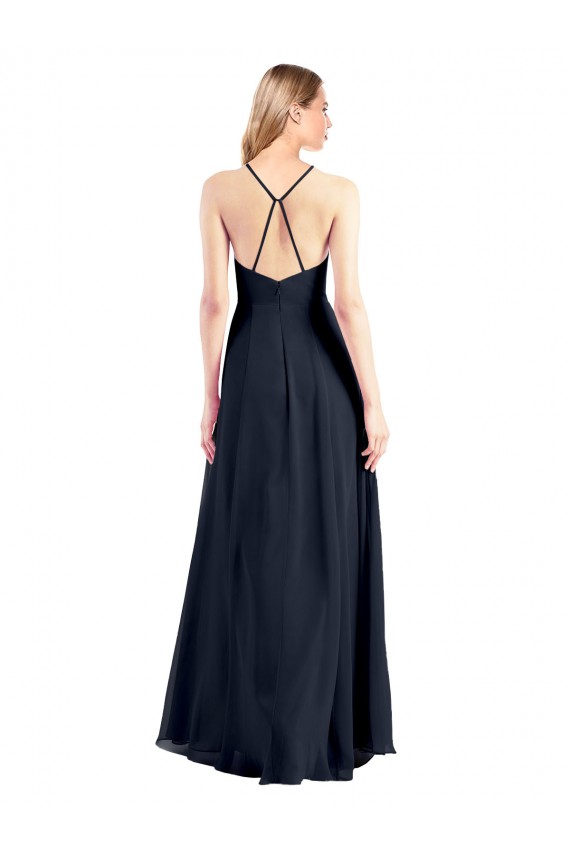 Azul marina oscuro línea A Cuello en V Gasa Largo Vestidos de dama de honor / Vestidos de fiesta Al Por Mayor