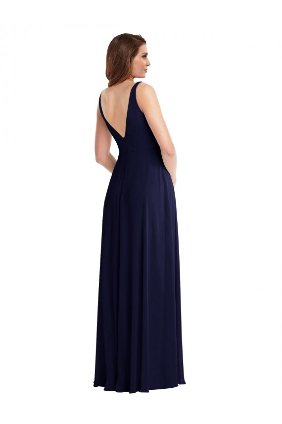 Azul marina oscuro línea A Cuello en V Gasa Largo Vestidos de dama de honor Al Por Mayor
