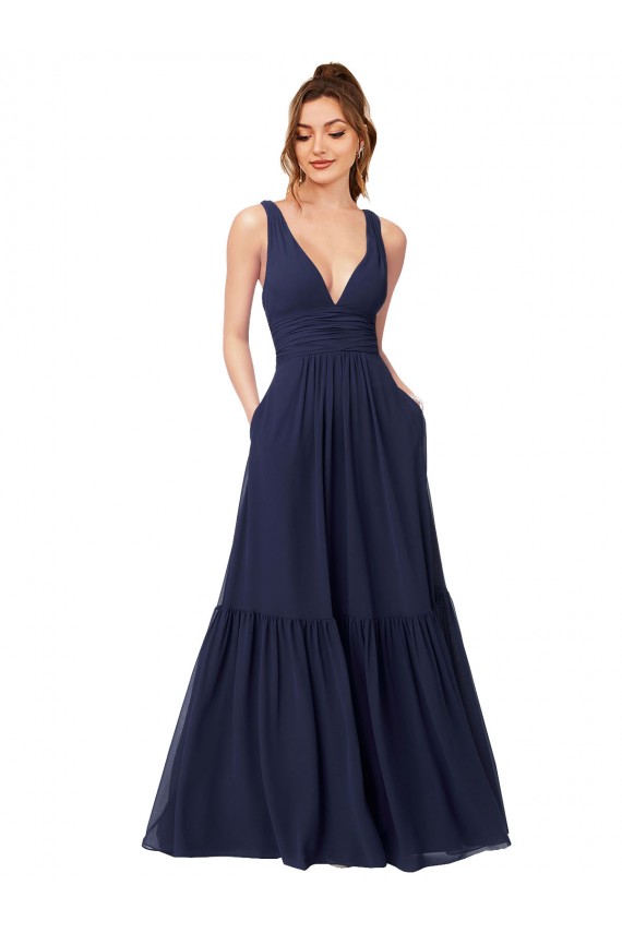 Azul marina oscuro línea A Cuello en V Gasa Largo Vestidos de dama de honor Al Por Mayor