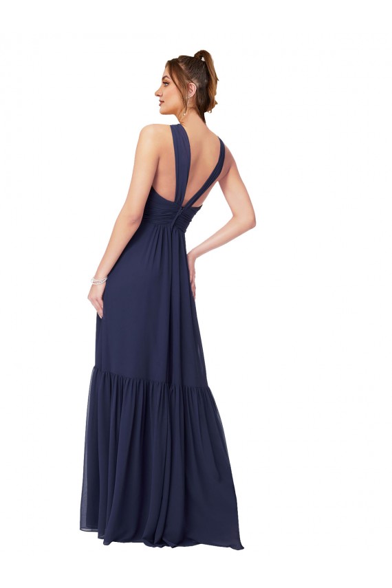 Azul marina oscuro línea A Cuello en V Gasa Largo Vestidos de dama de honor Al Por Mayor