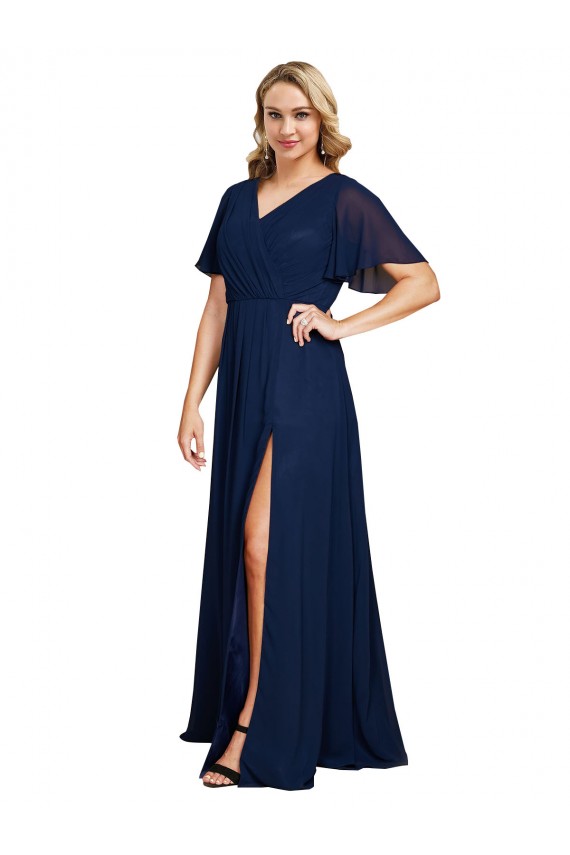Azul marina oscuro línea A Cuello en V Gasa Largo Formales Vestidos de dama de honor / Vestidos de fiesta Al Por Mayor
