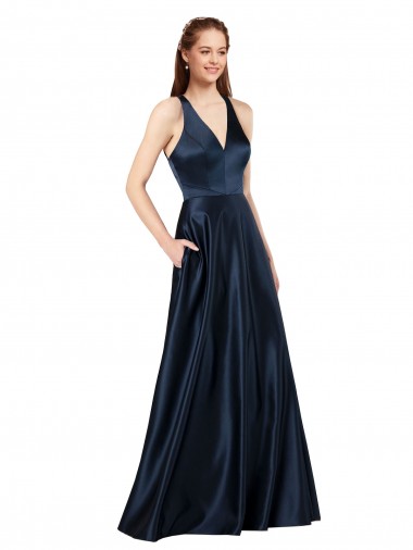 Azul marina oscuro línea A Cuello en V Satén Largo Formales Vestidos de dama de honor / Vestidos de fiesta Al Por Mayor