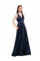 Azul marina oscuro línea A Cuello en V Satén Largo Formales Vestidos de dama de honor / Vestidos de fiesta Al Por Mayor