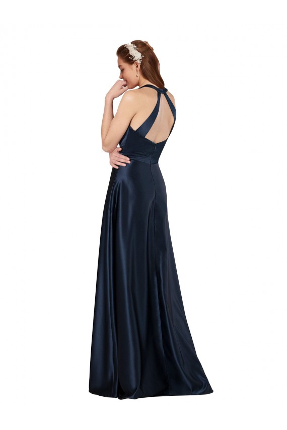 Azul marina oscuro línea A Cuello en V Satén Largo Formales Vestidos de dama de honor / Vestidos de fiesta Al Por Mayor