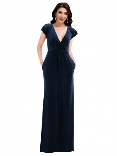 Azul marina oscuro línea A Cuello en V Terciopelo Elástico Largo Formales Vestidos de dama de honor / Vestidos de fiesta Al Por Mayor