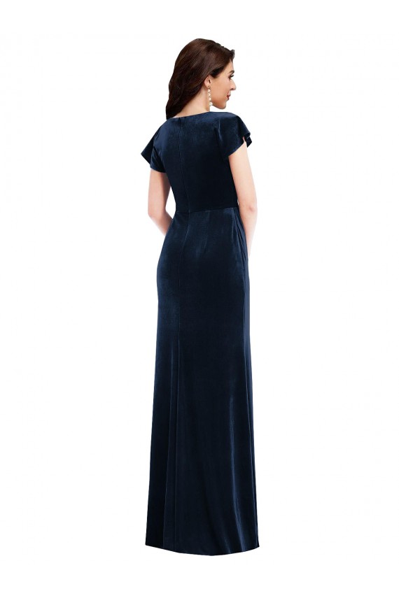 Azul marina oscuro línea A Cuello en V Terciopelo Elástico Largo Formales Vestidos de dama de honor / Vestidos de fiesta Al Por Mayor
