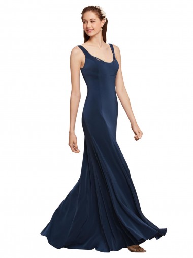 Azul marina oscuro línea A Cuello redondo Crepé Elástico Largo Formales Vestidos de dama de honor / Vestidos de fiesta Al Por Mayor