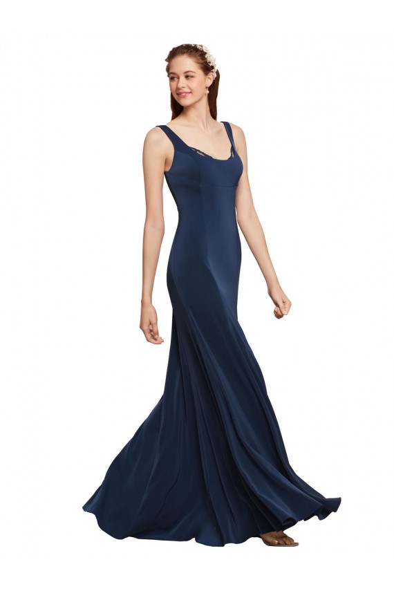 Azul marina oscuro línea A Cuello redondo Crepé Elástico Largo Formales Vestidos de dama de honor / Vestidos de fiesta Al Por Mayor
