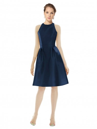 Azul marina oscuro línea A Halter Cóctel Satén Corto Vestidos de dama de honor / Vestidos de cóctel Al Por Mayor