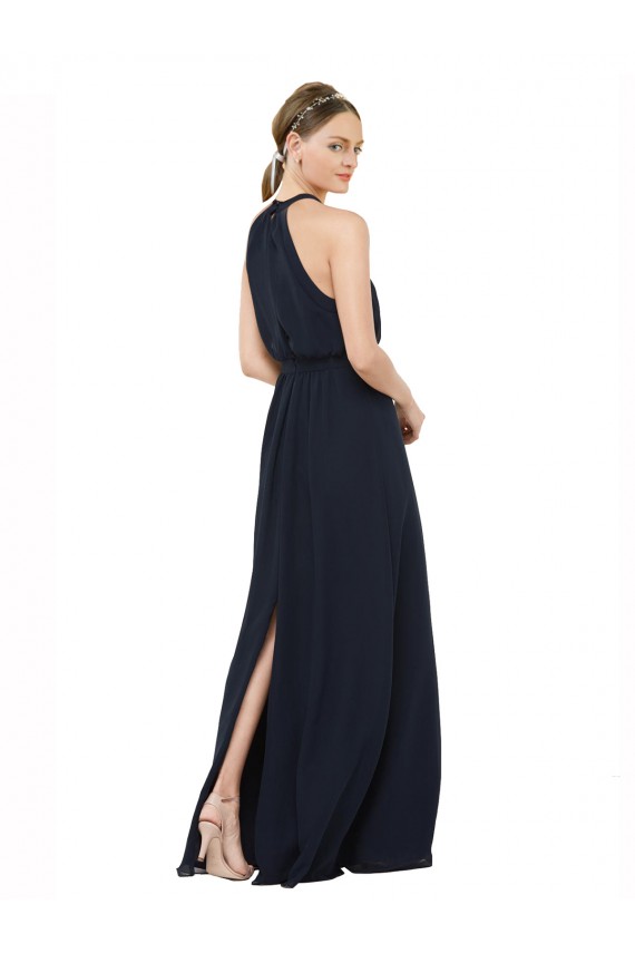 Azul marina oscuro línea A Halter Cuello Alto Gasa Largo Vestidos de dama de honor Al Por Mayor