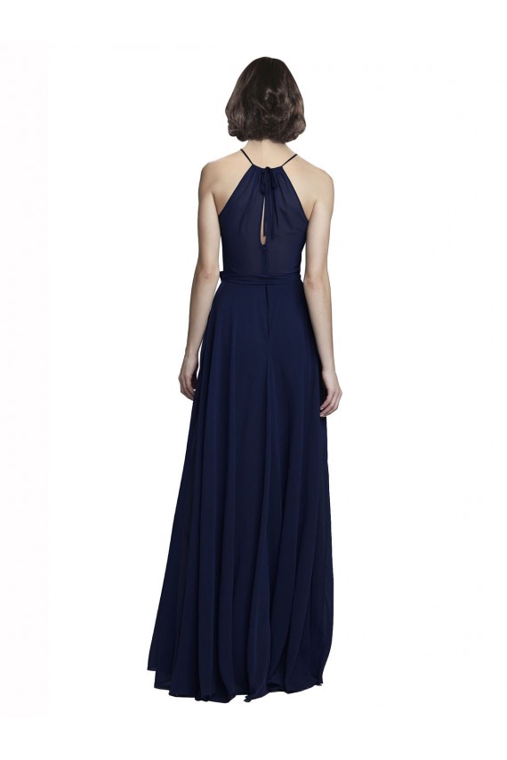 Azul marina oscuro línea A Halter Cuello Alto Gasa Largo Vestidos de dama de honor Al Por Mayor