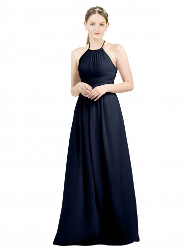 Azul marina oscuro línea A Halter Cuello Alto Gasa Largo Vestidos de dama de honor Al Por Mayor