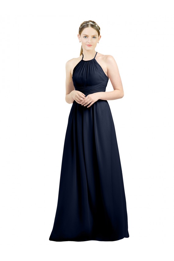 Azul marina oscuro línea A Halter Cuello Alto Gasa Largo Vestidos de dama de honor Al Por Mayor