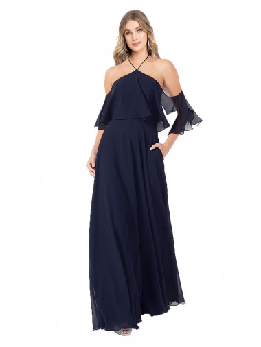 Azul marina oscuro línea A Halter Cuello Alto Gasa Largo Vestidos de dama de honor Al Por Mayor