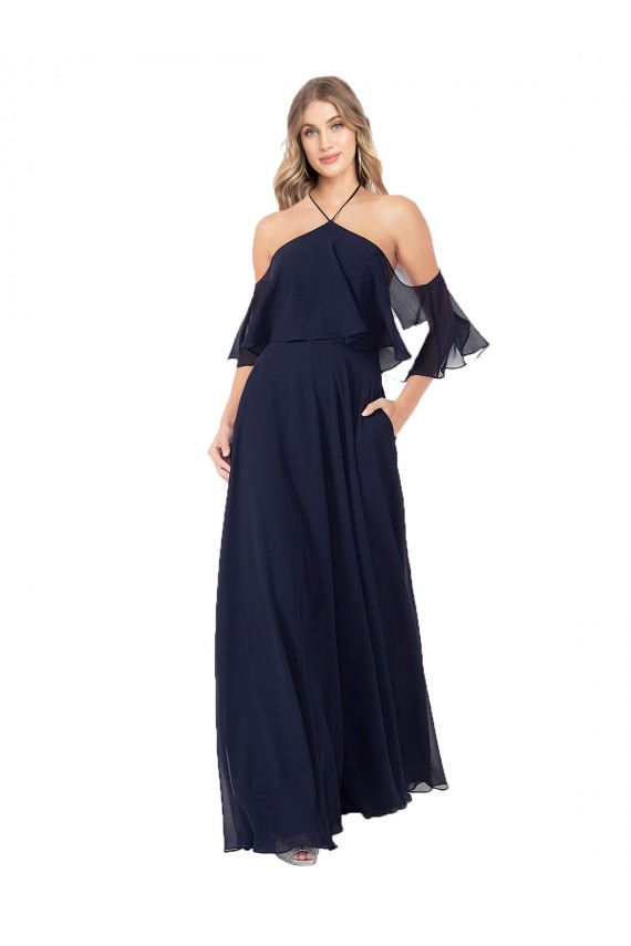 Azul marina oscuro línea A Halter Cuello Alto Gasa Largo Vestidos de dama de honor Al Por Mayor