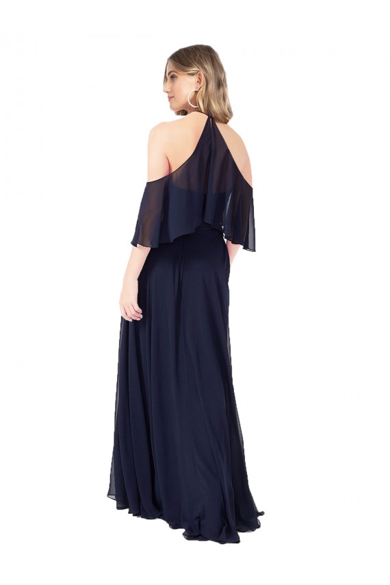 Azul marina oscuro línea A Halter Cuello Alto Gasa Largo Vestidos de dama de honor Al Por Mayor