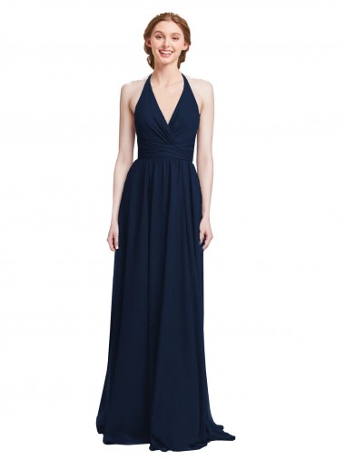 Azul marina oscuro línea A Halter Cuello en V Gasa Largo Vestidos de dama de honor Al Por Mayor