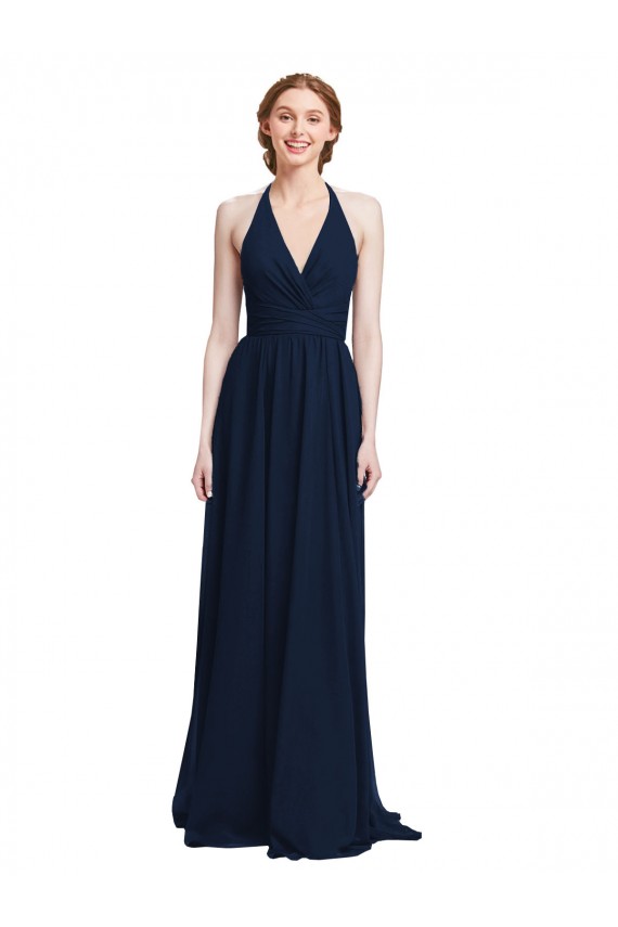 Azul marina oscuro línea A Halter Cuello en V Gasa Largo Vestidos de dama de honor Al Por Mayor