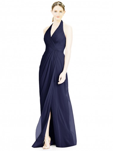 Azul marina oscuro línea A Halter Cuello en V Gasa Largo Vestidos de dama de honor Al Por Mayor