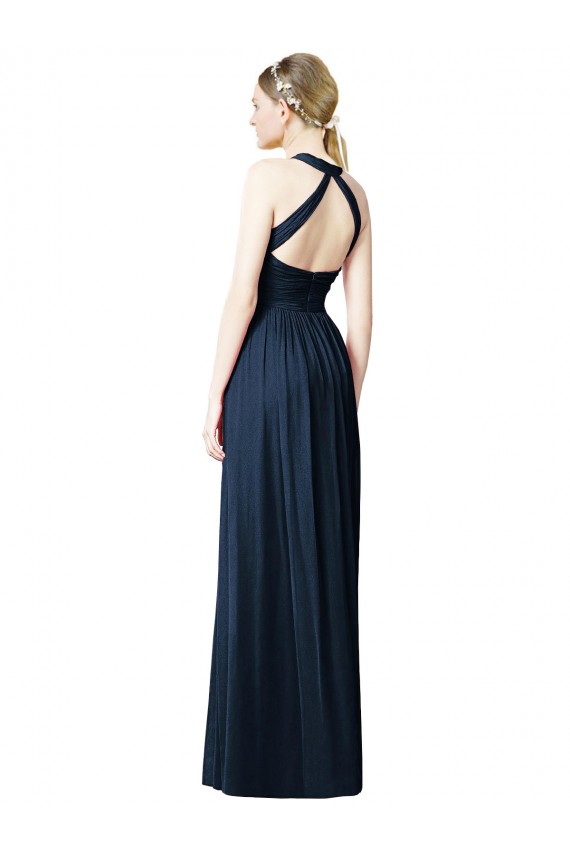 Azul marina oscuro línea A Halter Cuello en V Gasa Largo Vestidos de dama de honor Al Por Mayor