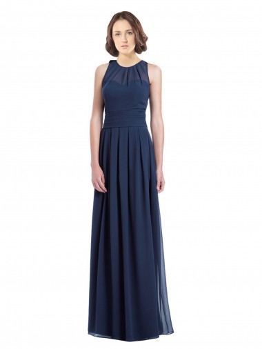 Azul marina oscuro línea A Halter Gasa Largo Vestidos de dama de honor Al Por Mayor