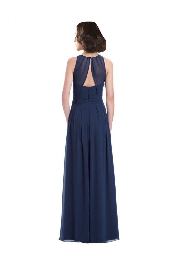 Azul marina oscuro línea A Halter Gasa Largo Vestidos de dama de honor Al Por Mayor