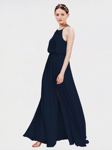Azul marina oscuro línea A Halter Gasa Largo Vestidos de dama de honor Al Por Mayor