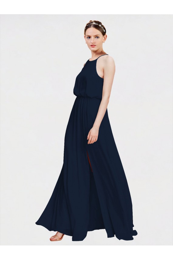 Azul marina oscuro línea A Halter Gasa Largo Vestidos de dama de honor Al Por Mayor