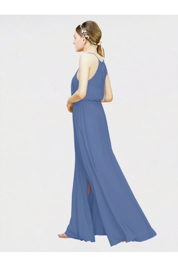 Azul marina oscuro línea A Halter Gasa Largo Vestidos de dama de honor Al Por Mayor
